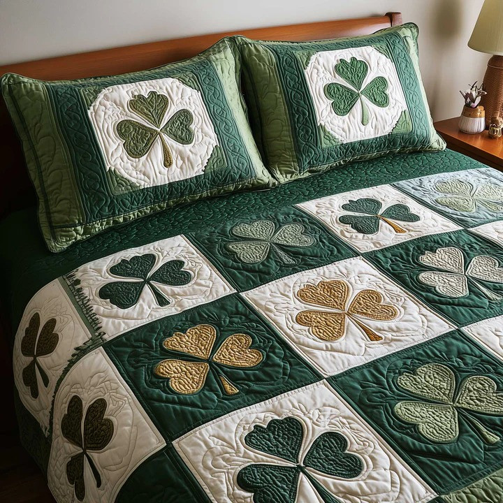 St Patrick's Day Celtic Shamrock Quilted Bed Set Irish Green Gold Clover Bedroom Decor Gift