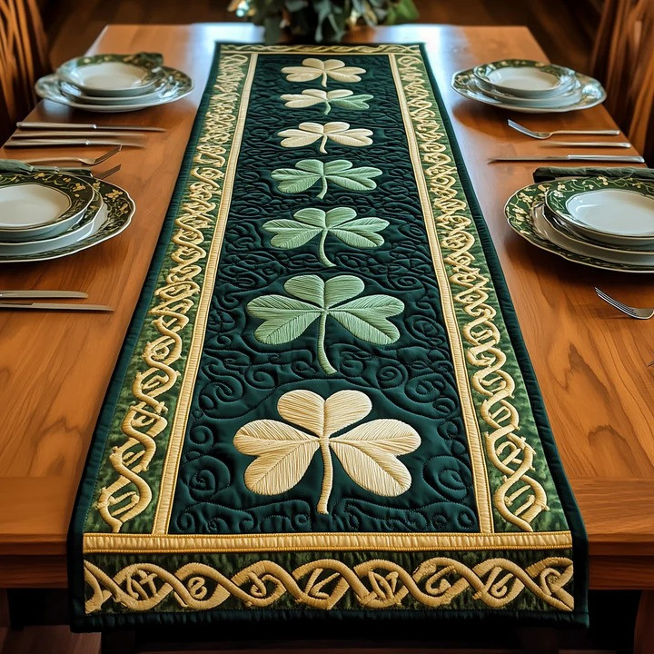 St Patrick's Day Celtic Shamrock Quilted Table Runner Dark Green Irish Home Decor Best Gift