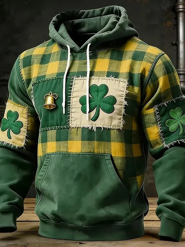 St Patricks Day Clover Bell Plaid Graphic Hoodie Irish Lucky Shamrock Hoodie Saint Patrick's Day Gift Idea
