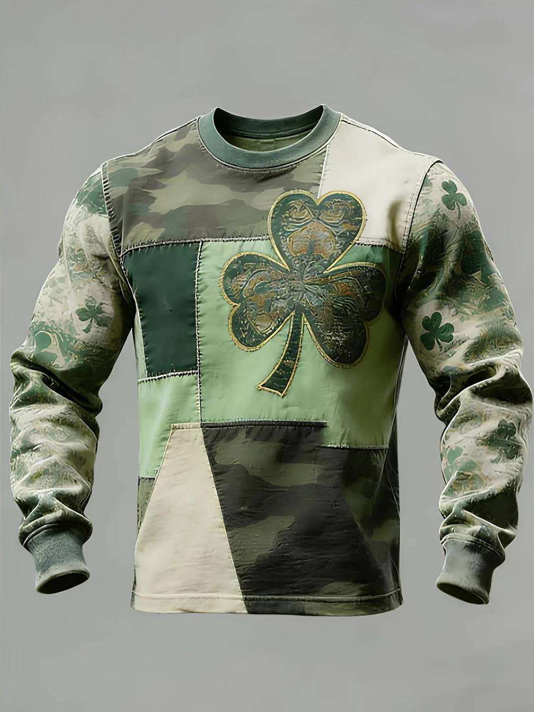 St Patricks Day Clover Camouflage Patchwork Graphic Long Sleeve T-Shirt Irish Gift Men
