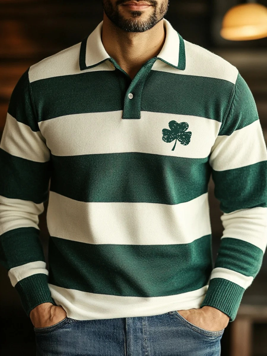 St Patricks Day Clover Color Block Graphic Long Sleeve Polo Shirt Irish Lucky Charm Gift Men