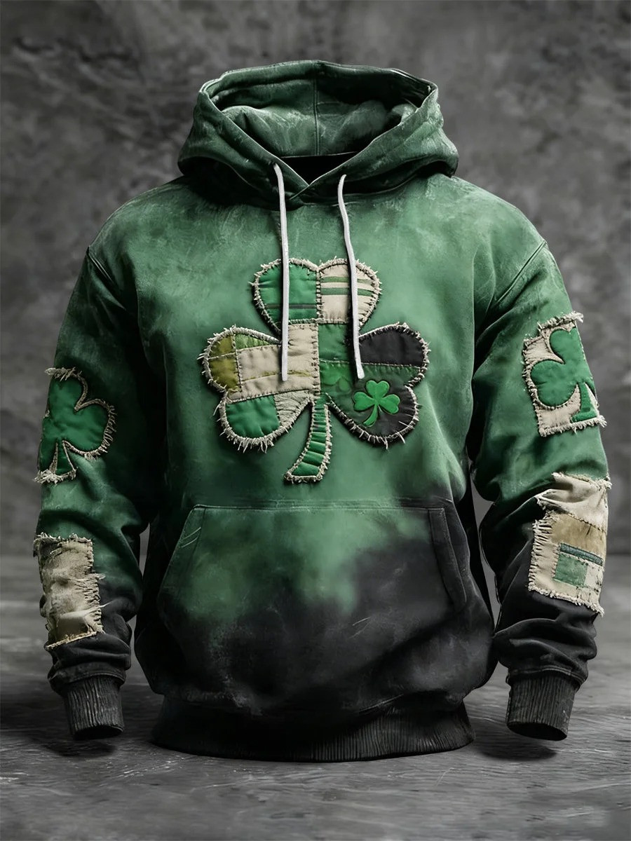 St Patricks Day Clover Colorblock Patchwork Graphic Hoodie Irish Luck Outfit Gift Idea