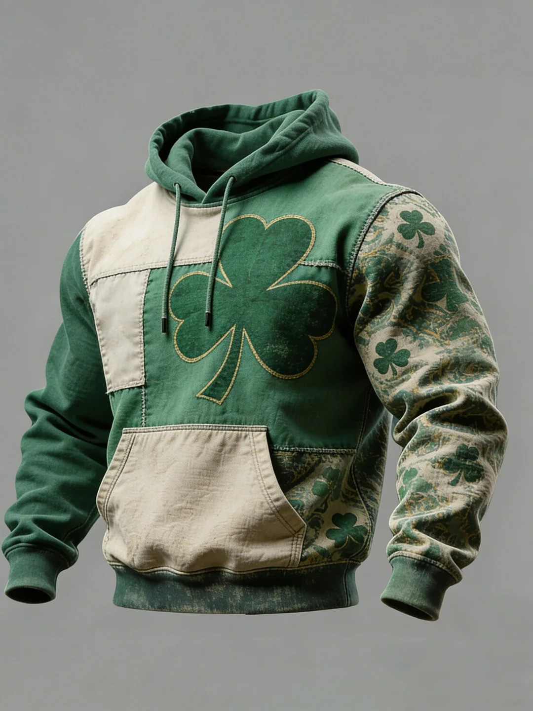 St Patricks Day Clover Colorblock Patchwork Graphic Pocket Hoodie Irish Gift For Men