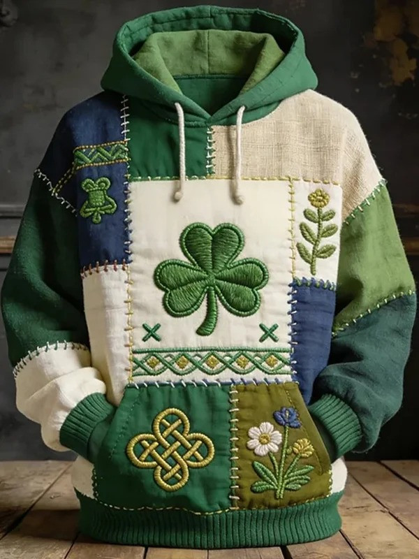 St Patricks Day Clover Flower Colorblock Graphic Hoodie Irish Shamrock Best Gift For Men
