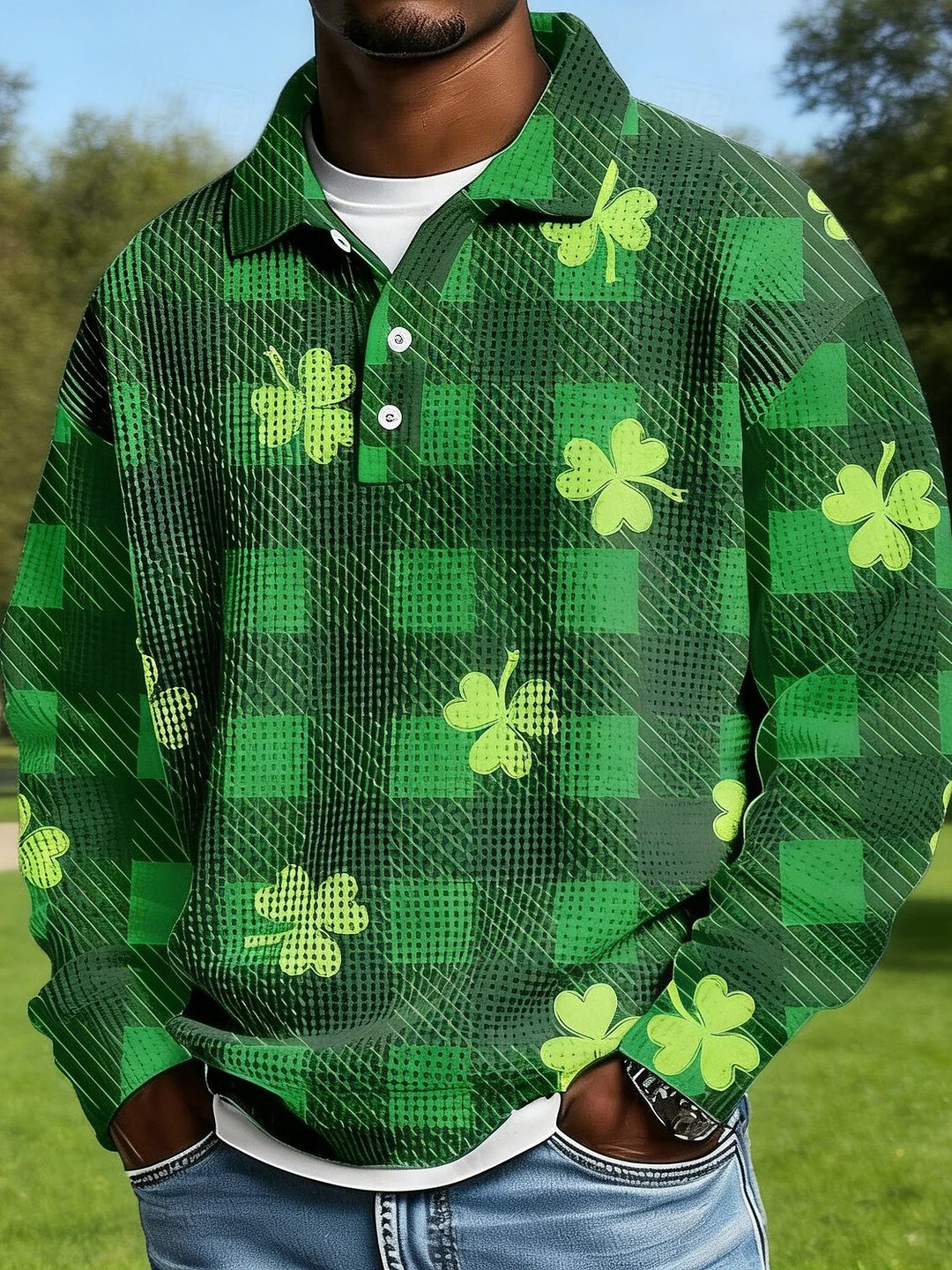 St Patricks Day Clover Plaid Graphic Long Sleeve Polo Shirt Irish Lucky Shamrock Best Gift Men
