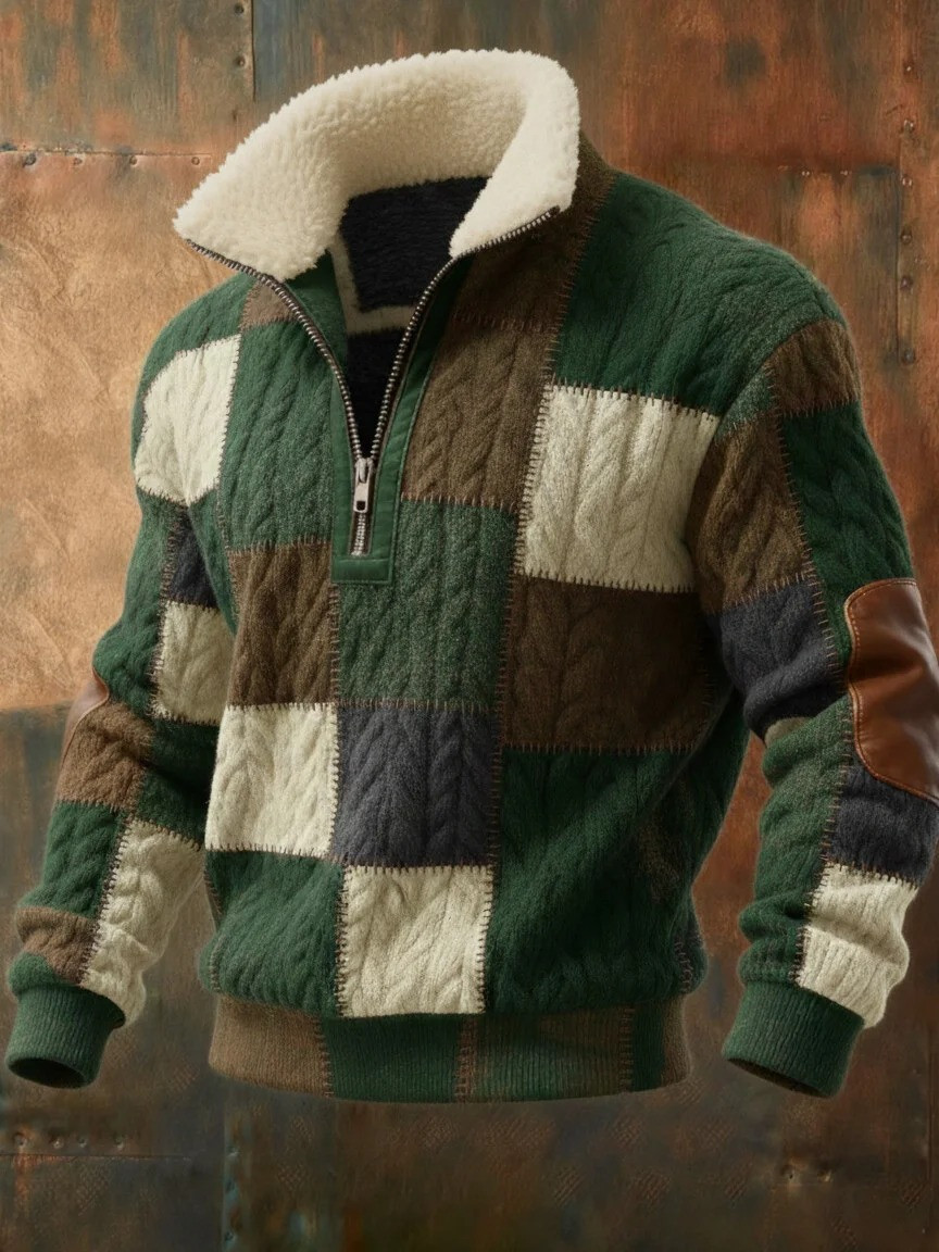 St Patricks Day Colorblock Patchwork Faux Fur Half Zip Sweatshirt Saint Patrick's Day Gift For Men