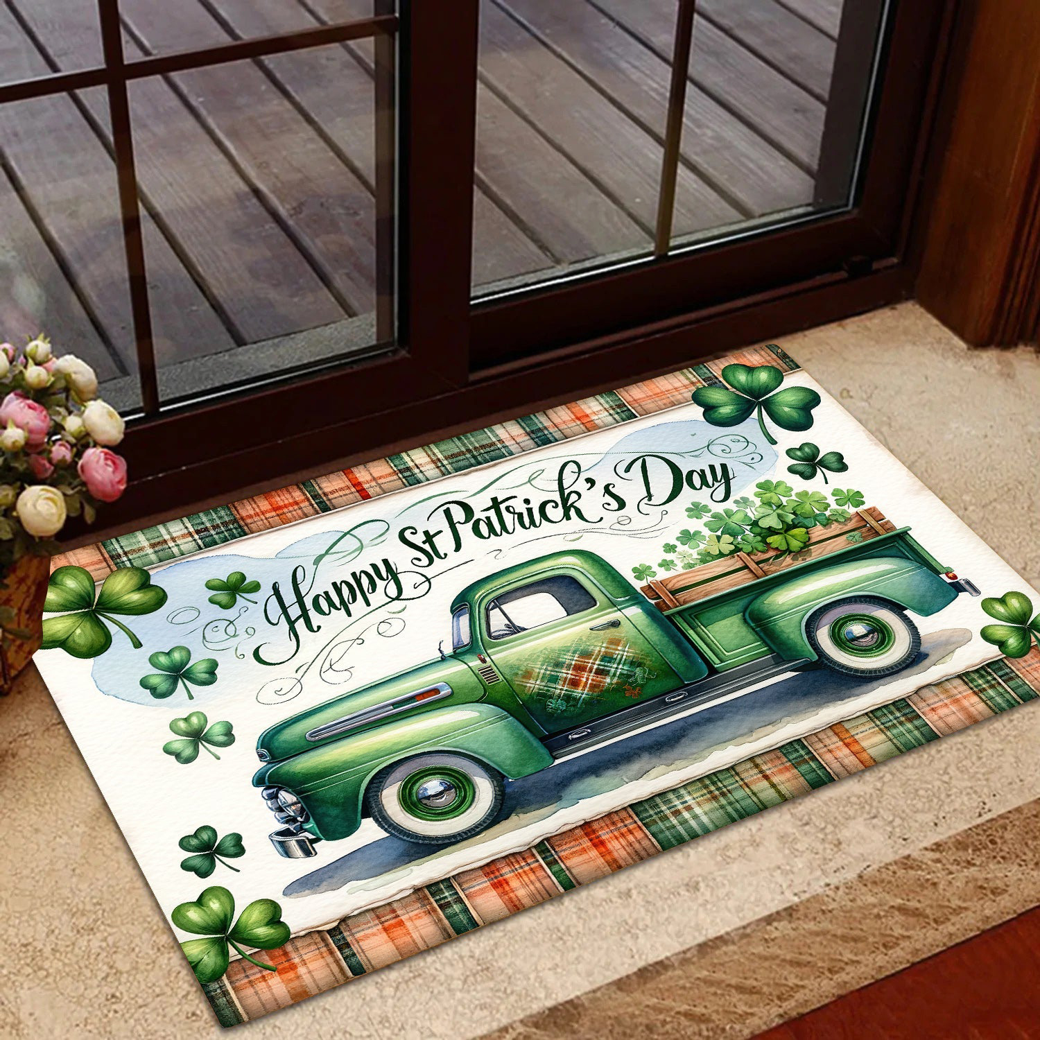 St Patricks Day Doormat Tractor Full Of Clovers Doormat For Home Decor Housewarming Gift Patricks Day Welcome Mat Gift