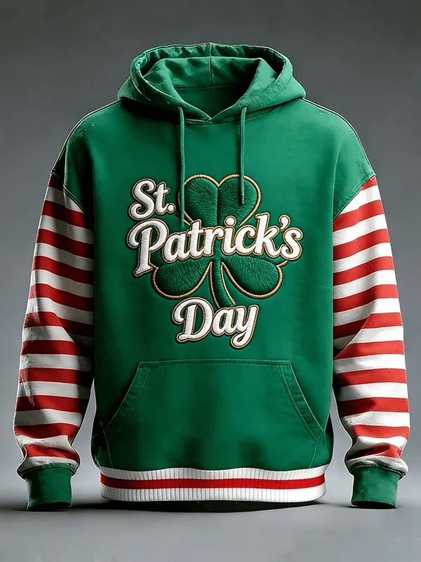St Patrick's Day Embroidered Hoodie Green Shamrock Red White Striped Sleeve Lucky Irish Outfit