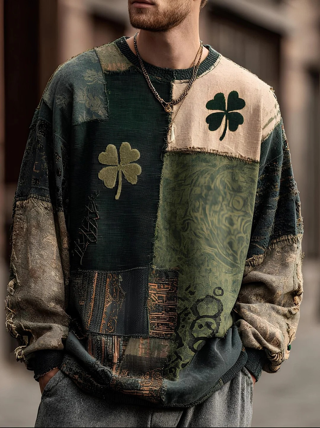 St Patricks Day Four Leaf Clover Patchwork Graphic Sweatshirt Irish Lucky Best Gift Men