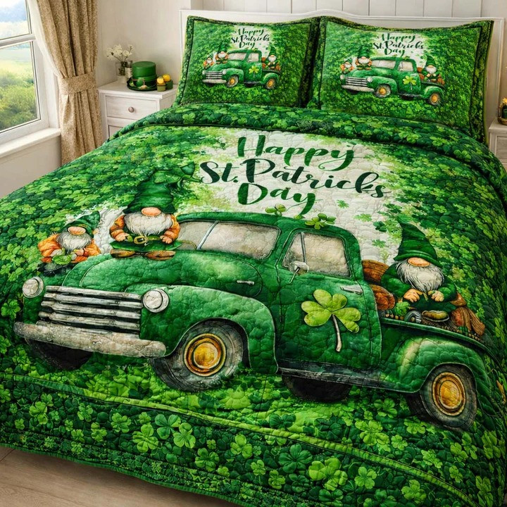 St Patrick's Day Gnome Green Truck Quilted Bedding Set Happy Irish Lucky Clover Bedroom Decor Gift