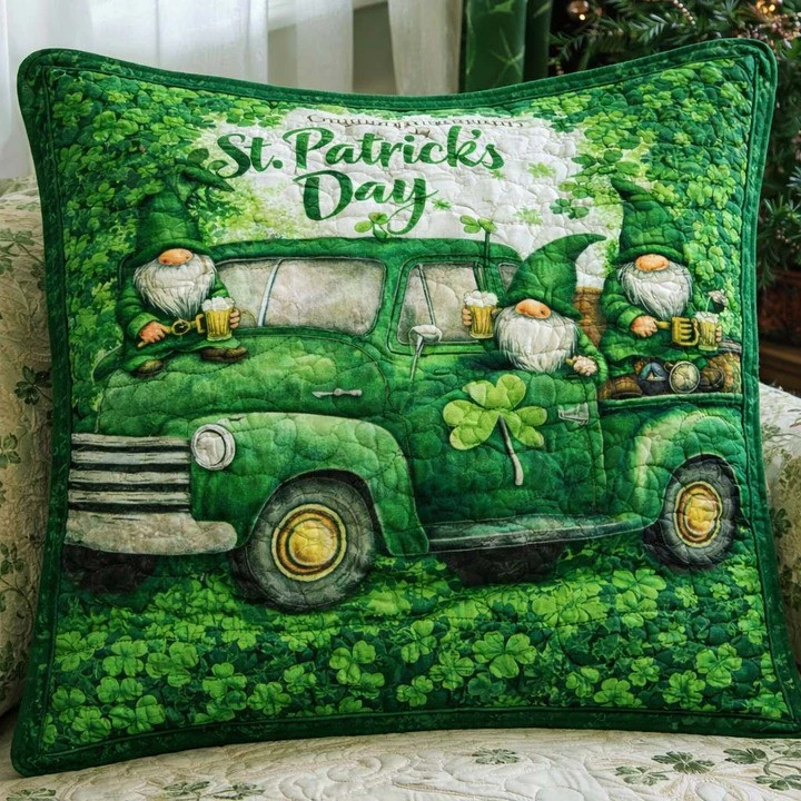 St Patrick's Day Gnome Green Truck Quilted Pillow Cover Irish Beer Lucky Clover Home Decor Gift