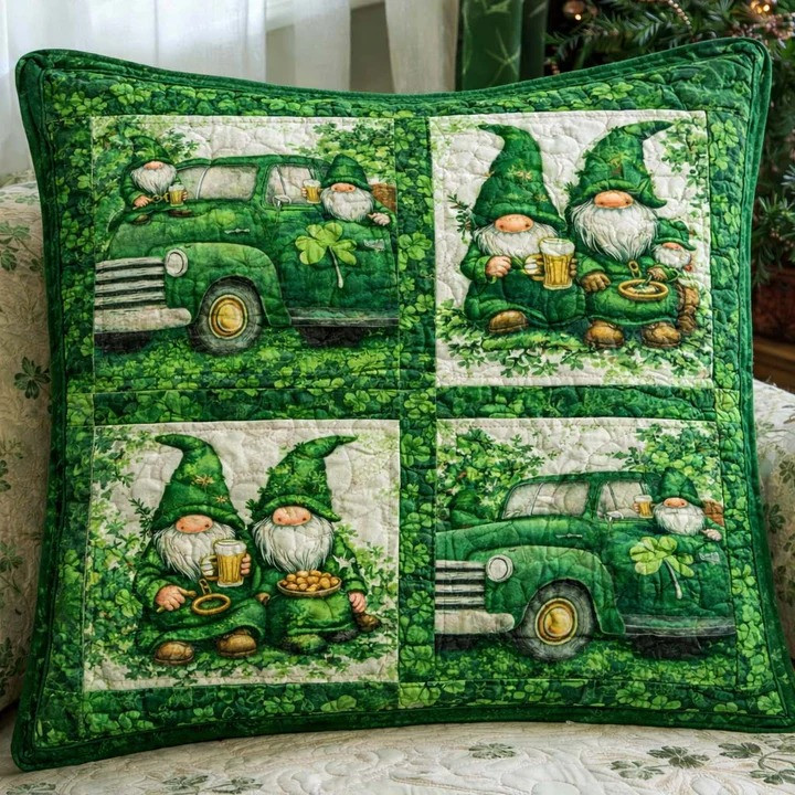 St Patrick's Day Gnome Green Truck Quilted Pillow Cover Lucky Clover Irish Home Decor Gift
