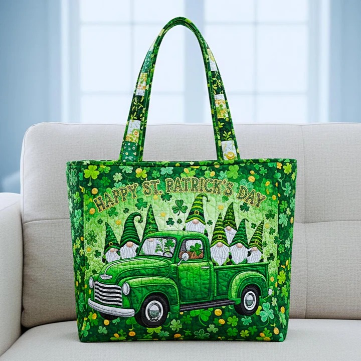 St Patrick's Day Gnome Green Truck Quilted Tote Bag Happy Irish Lucky Charm Best Gift For Women