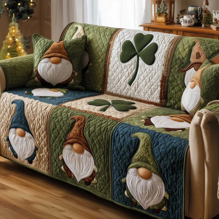 St Patrick's Day Gnome Shamrock Quilted Sofa Cover Couch Protector Irish Lucky Clover Home Decor Gift