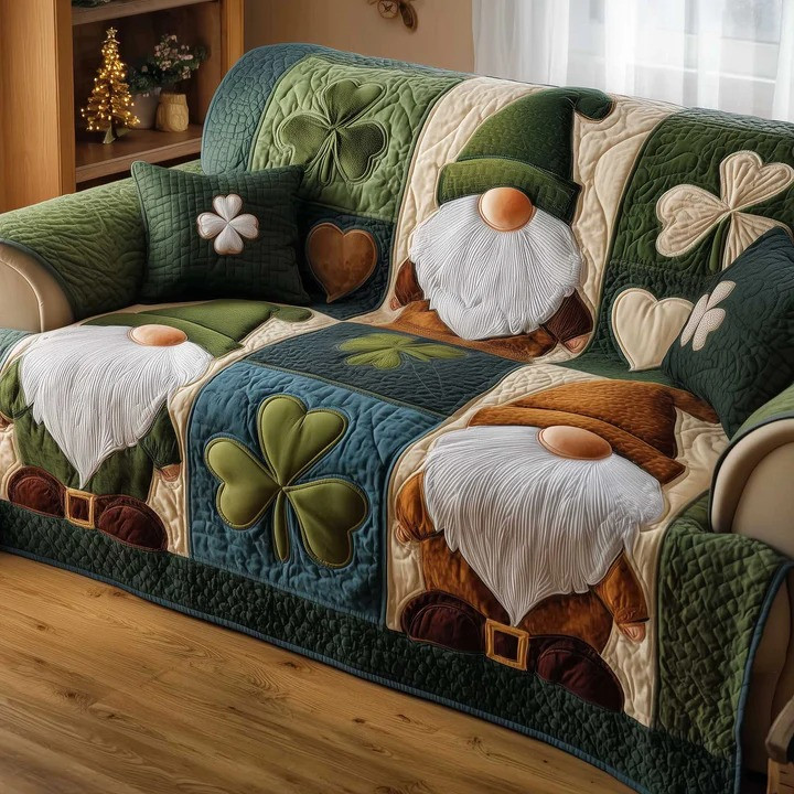 St Patrick's Day Gnome Shamrock Quilted Sofa Cover Irish Lucky Clover Couch Cover Home Decor Gift