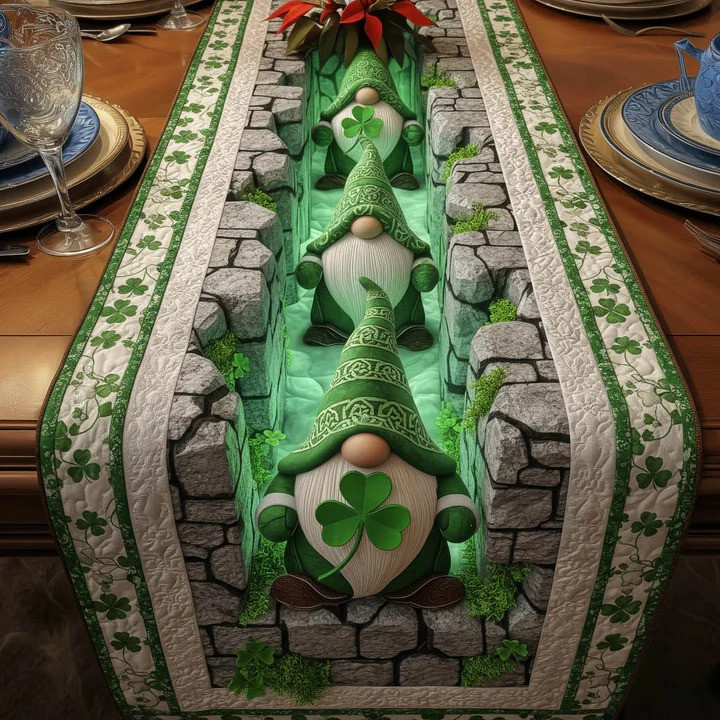 St Patrick's Day Gnome Shamrock Quilted Table Runner Celtic Stone Irish Home Decor Best Gift
