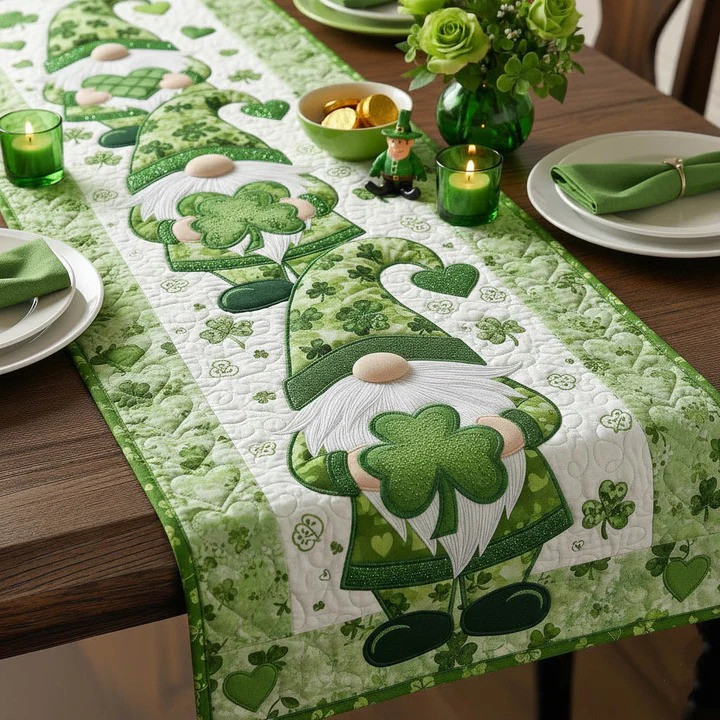 St Patrick's Day Gnome Shamrock Quilted Table Runner Irish Lucky Clover Home Decor Best Gift
