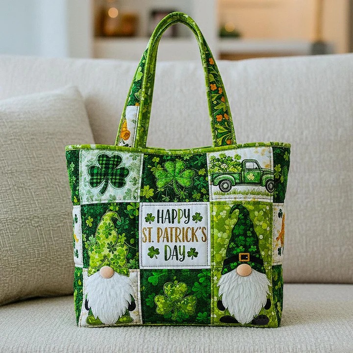 St Patrick's Day Happy Gnome Quilted Tote Bag Shamrock Green Truck Irish Lucky Charm Gift For Women