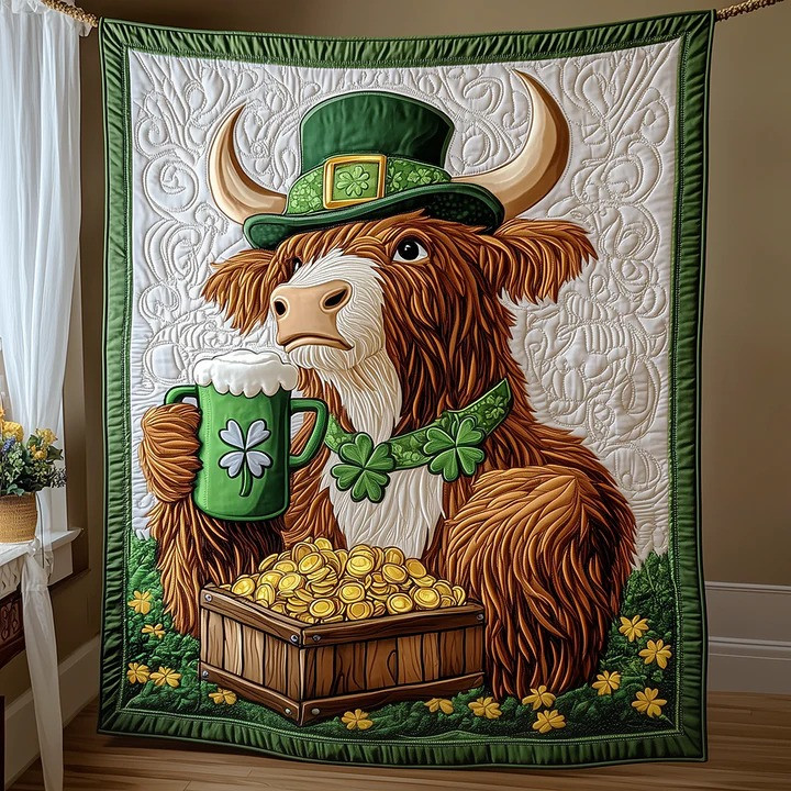 St Patrick's Day Highland Cow Leprechaun Beer Quilted Blanket Irish Shamrock Lucky Best Gift