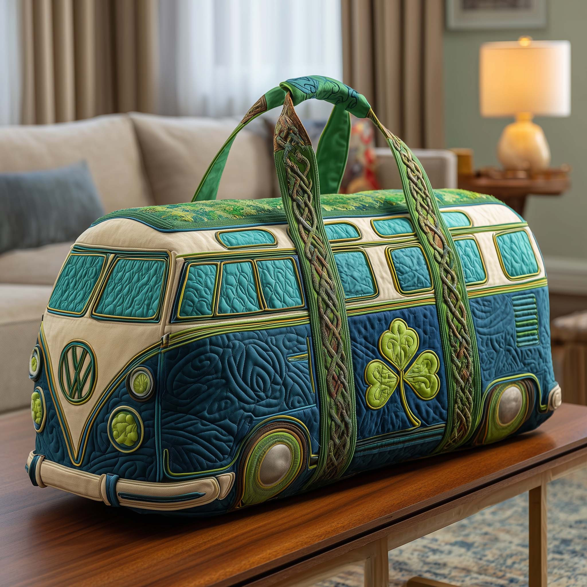 St Patricks Day Hippie Van Quilted Duffle Bag Green Shamrock Celtic Travel Bag Gift For Irish Lovers
