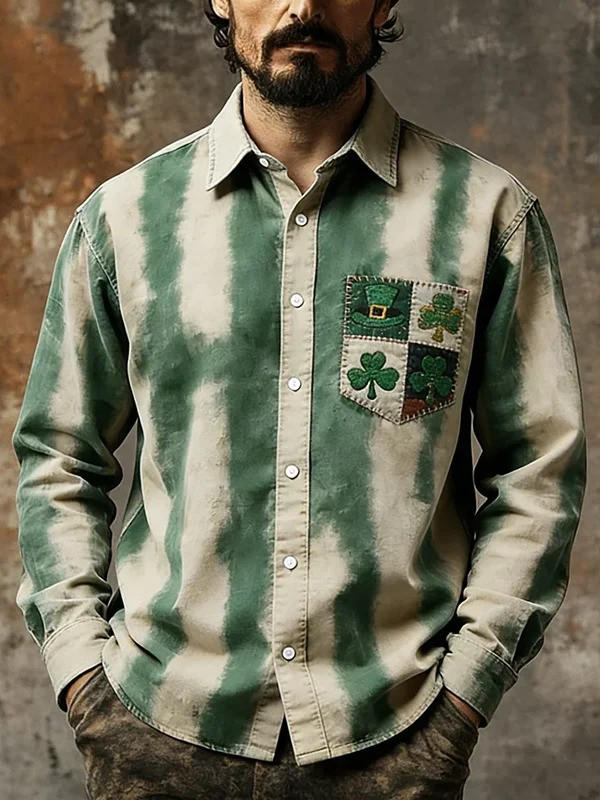 St Patricks Day Irish Hat Shamrock Graph Button Up Long Sleeve Shirt Lucky Gift For Men