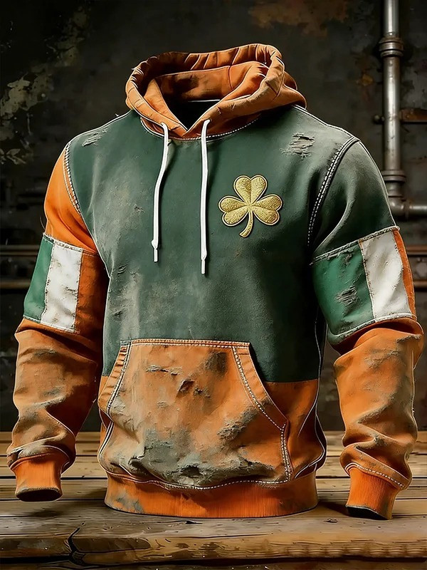 St Patricks Day Irish Lucky Clover Color Block Graphic Hoodie Shamrock Best Gift Men
