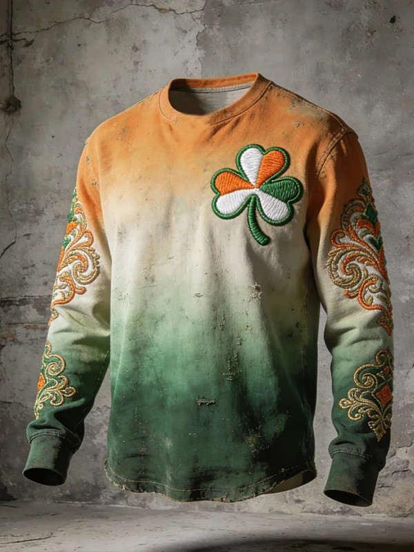 St Patricks Day Irish Lucky Shamrock Gradient Graphic Long Sleeve T-Shirt Gift For Men