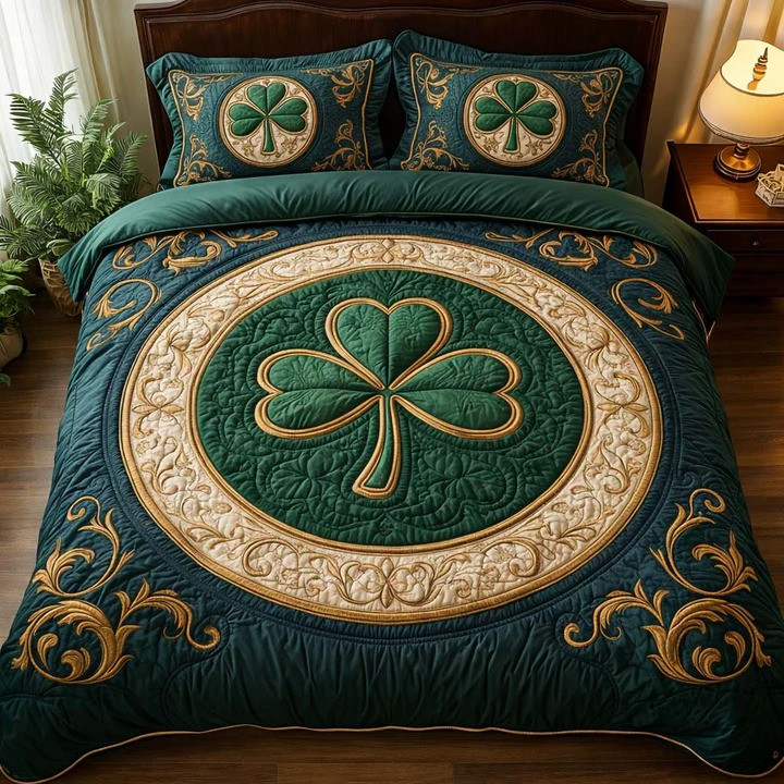 St Patrick's Day Irish Shamrock Celtic Quilted Bedding Set Green Gold Luxury Bedding Best Gift