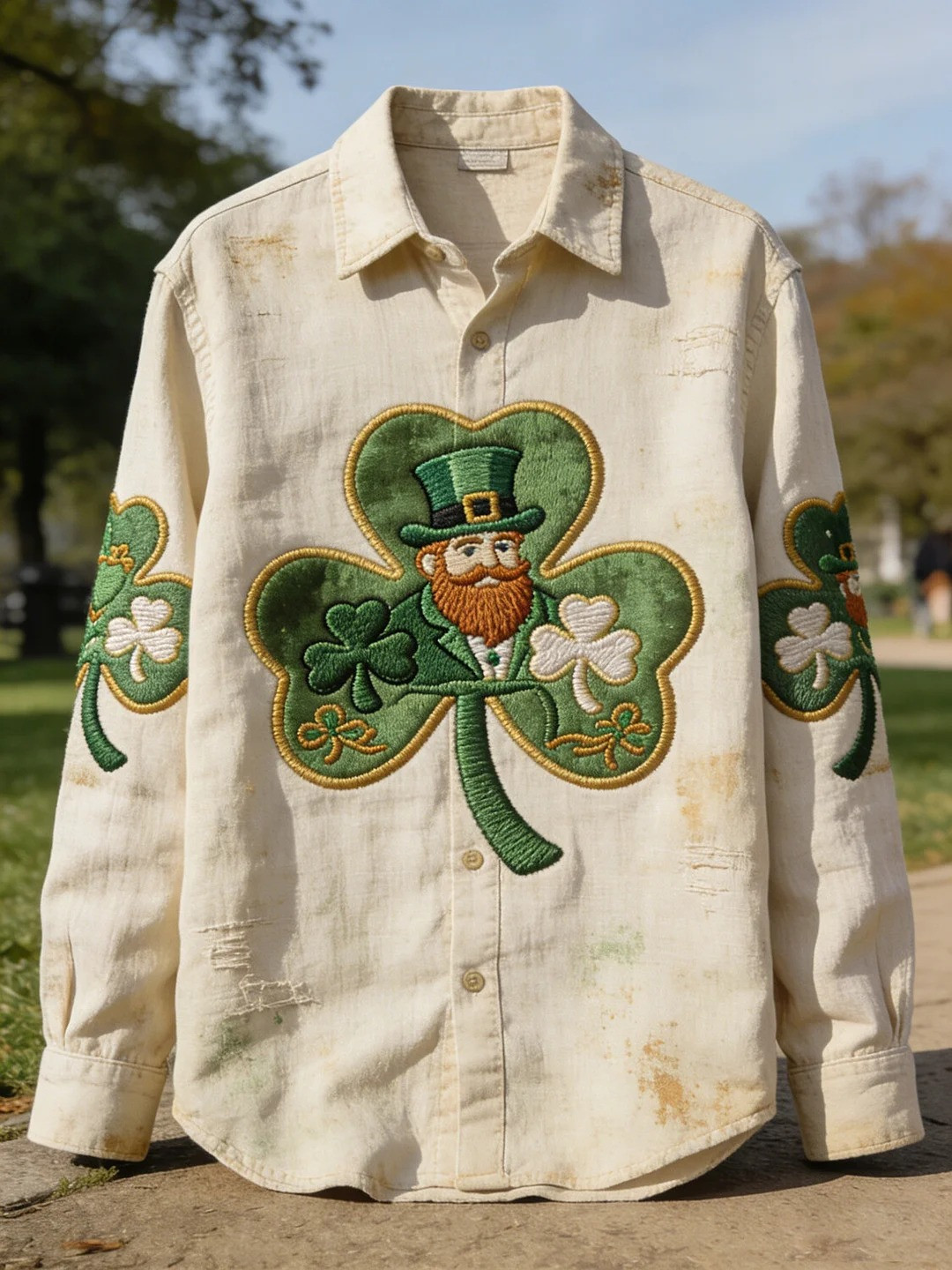 St Patricks Day Leprechaun Distressed Shamrock Button Up Long Sleeve Shirt Gift For Men