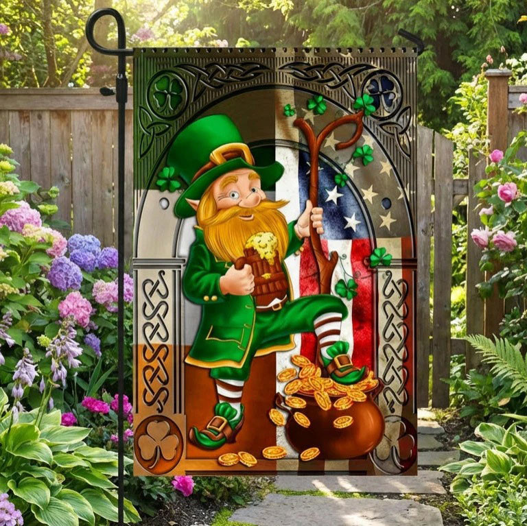 St Patricks Day Leprechaun Garden Flag Pot Of Gold Irish American Shamrock Decor Gift Ideas