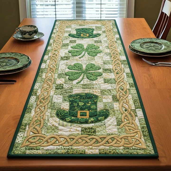 St Patrick's Day Leprechaun Hat Shamrock Celtic Quilted Table Runner Irish Home Decor Best Gift