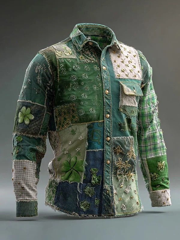 St Patricks Day Lucky Clover All Over Graphic Button Up Long Sleeve Shirt Irish Shamrock Gift Men