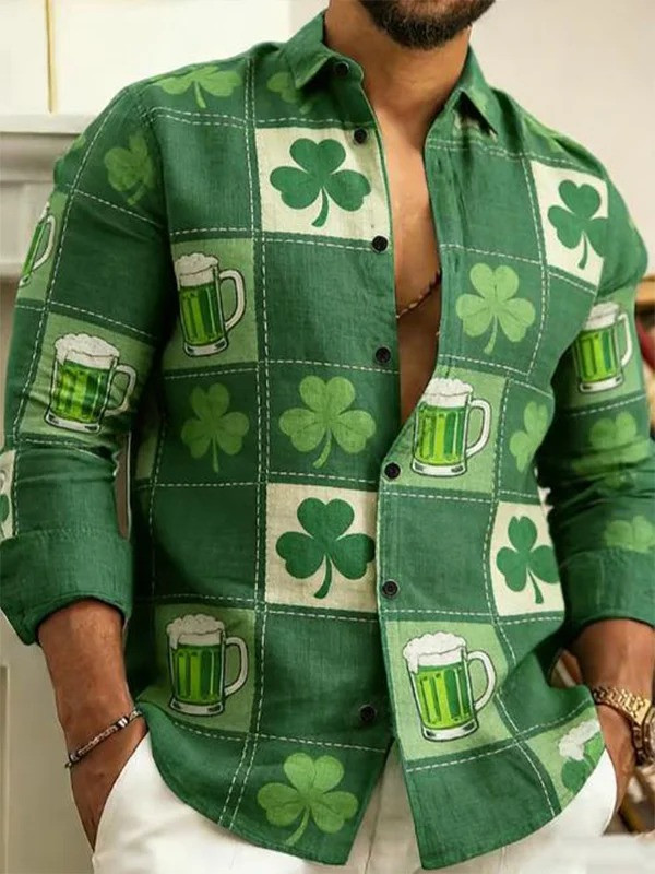 St Patricks Day Lucky Clover Beer Plaid Button Up Long Sleeve Shirt Irish Drinking Gift Men