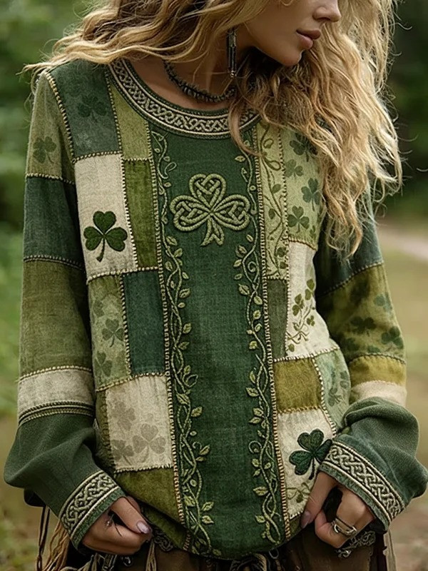 St Patricks Day Lucky Clover Contrast Ribbed Graphic Long Sleeve T-Shirt Saint Patrick's Day Gift For Her