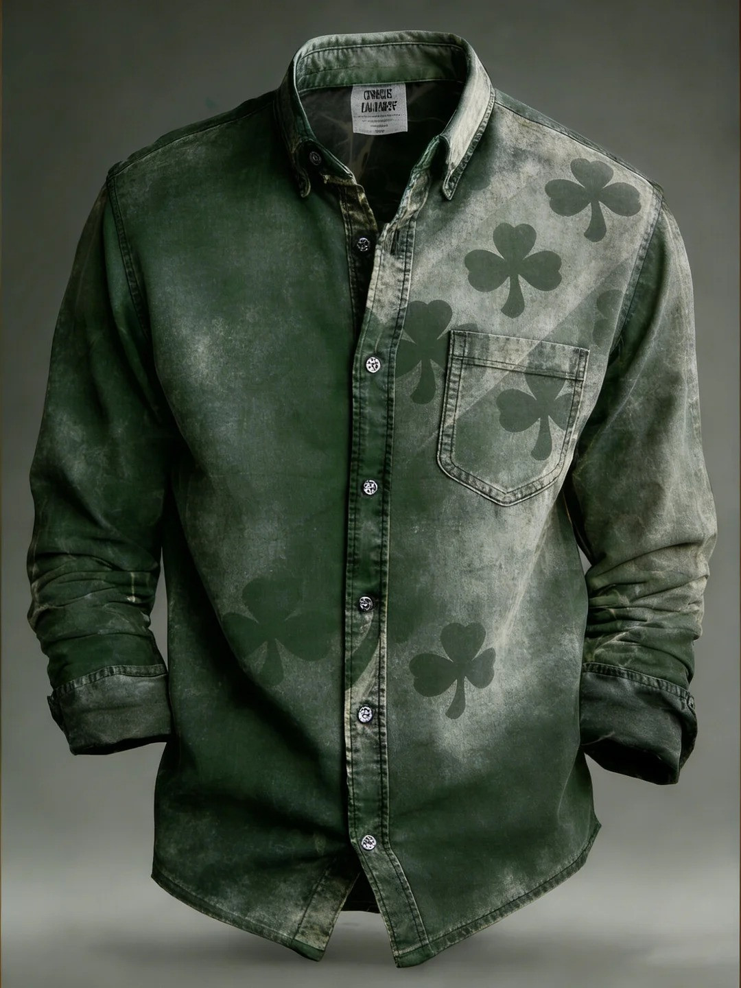 St Patricks Day Lucky Clover Gradient Button Up Long Sleeve Shirt Irish Shamrock Gift Men