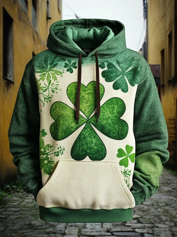 St Patricks Day Lucky Clover Patchwork Graphic Pocket Hoodie Irish Shamrock Saint Patrick's Day Gift Men