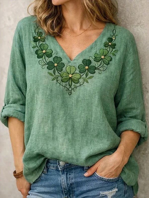 St Patricks Day Lucky Clover Pattern Graphic V-Neck Long Sleeve T-Shirt Saint Patrick's Day Gift For Her