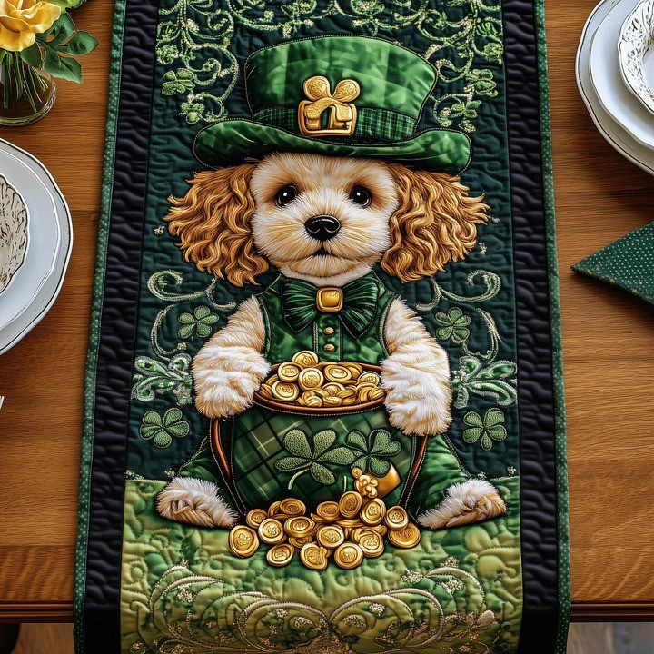 St Patrick's Day Lucky Dog Leprechaun Quilted Table Runner Irish Gold Coin Shamrock Decor Gift