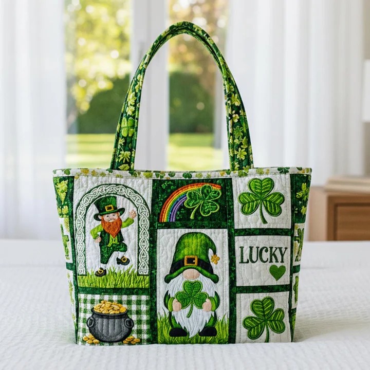 St Patrick's Day Lucky Gnome Leprechaun Quilted Tote Bag Shamrock Rainbow Irish Gift For Women