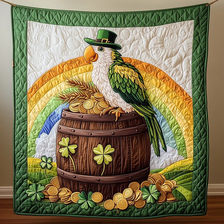 St Patrick's Day Parrot Leprechaun Rainbow Quilted Blanket Irish Lucky Coin Gold Best Gift Ideas