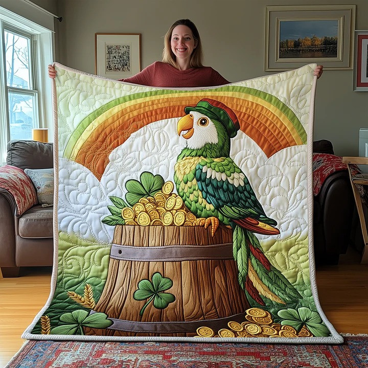 St Patrick's Day Parrot Leprechaun Rainbow Quilted Blanket Irish Lucky Shamrock Best Gift