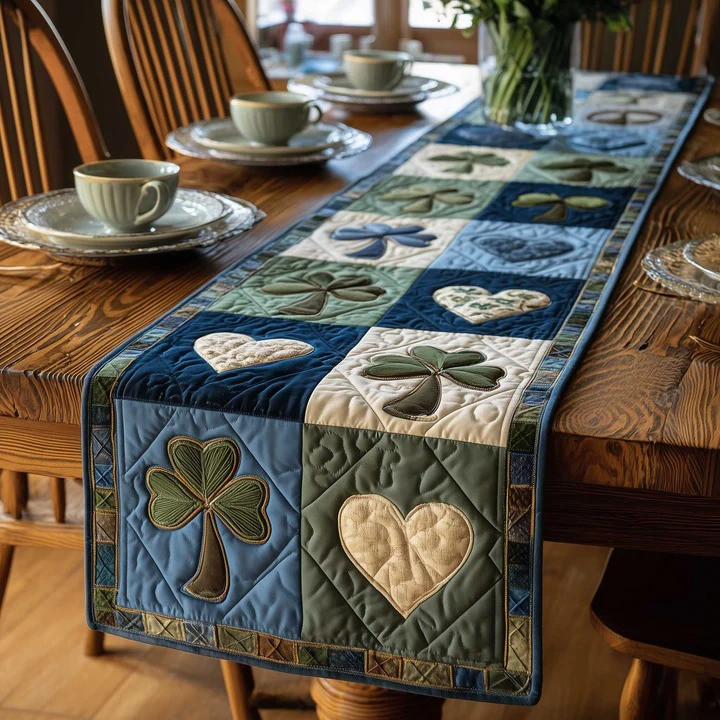 St Patrick's Day Quilted Table Runner Shamrock Heart Patchwork Irish Home Decor Best Gift