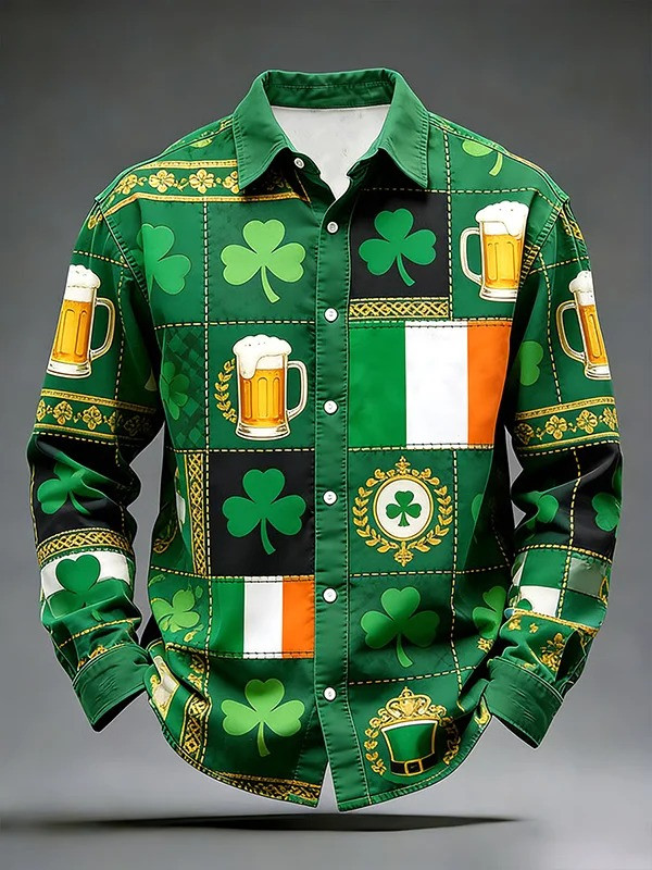 St Patricks Day Shamrock And Beer Button Up Long Sleeve Shirt Irish Drinking Gift For Men
