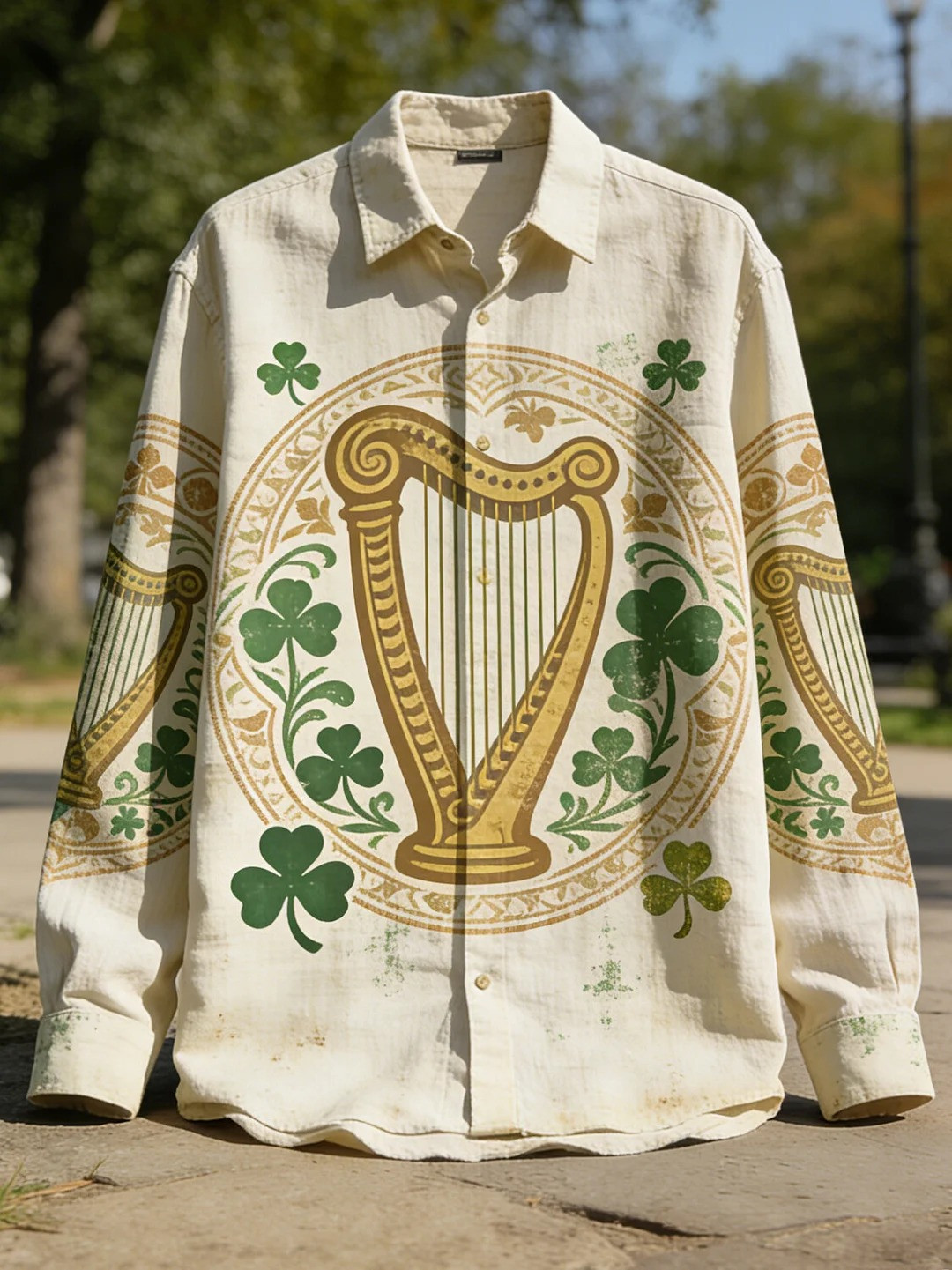 St Patricks Day Shamrock And Harp Button Up Long Sleeve Shirt Irish Lucky Clover Gift Men