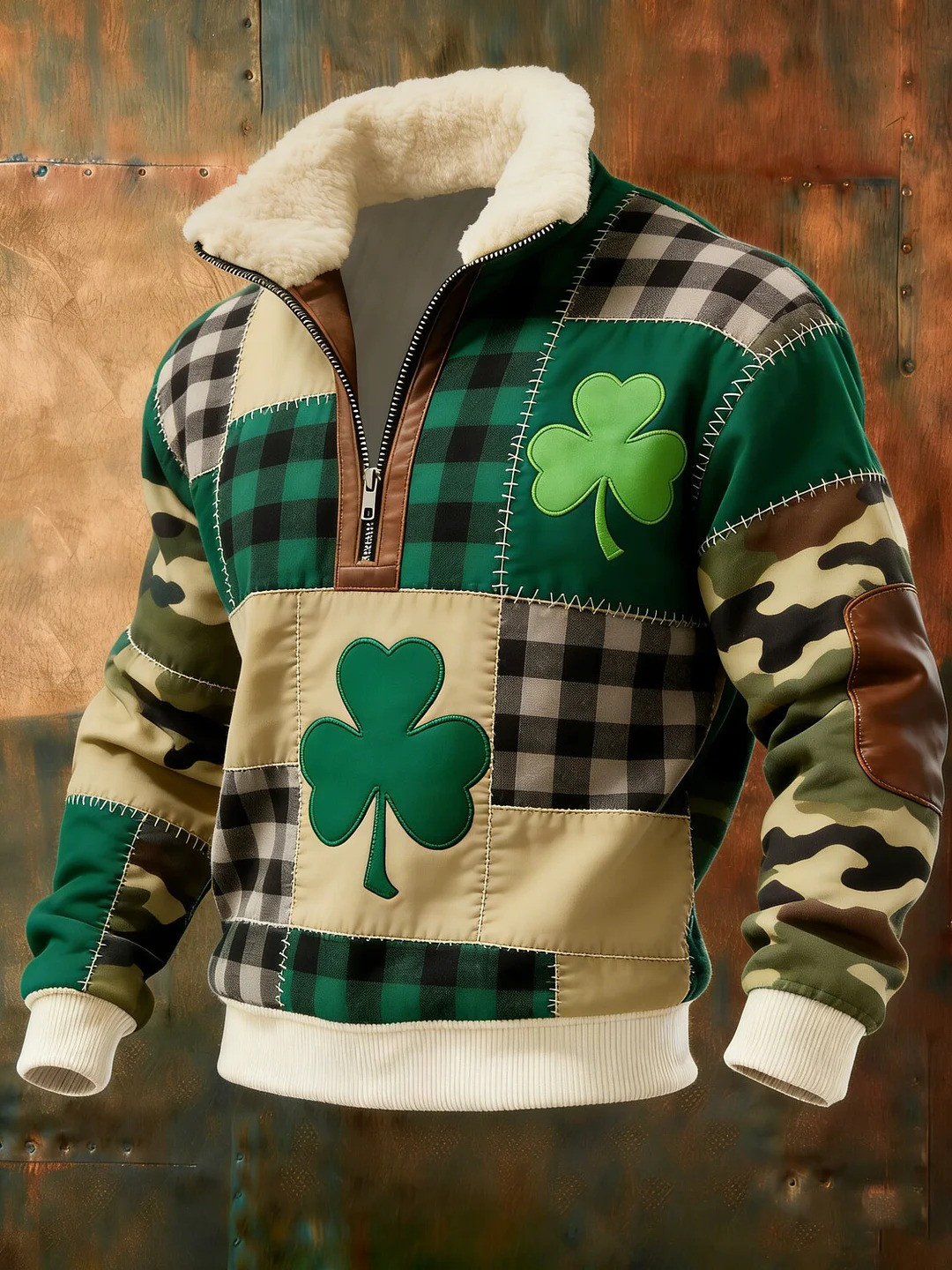 St Patricks Day Shamrock Camo Patchwork Faux Fur Half Zip Sweatshirt Saint Patrick's Day Gift Men