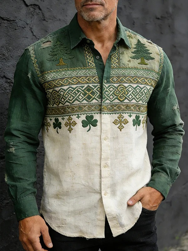 St Patricks Day Shamrock Celtic Knot Pattern Graphic Button Up Long Sleeve Shirt Irish Gift Men