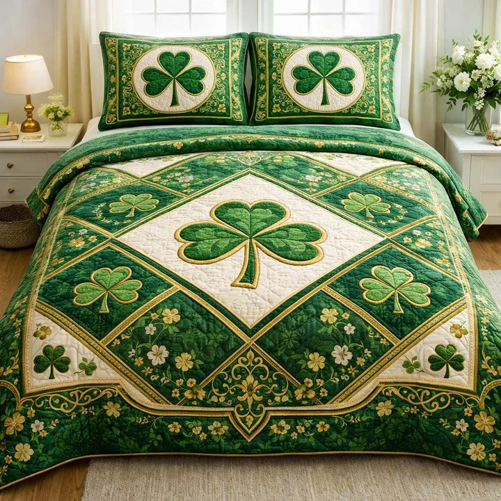 St Patrick's Day Shamrock Celtic Quilted Bedding Set Irish Diamond Pattern Bedroom Decor Gift Ideas