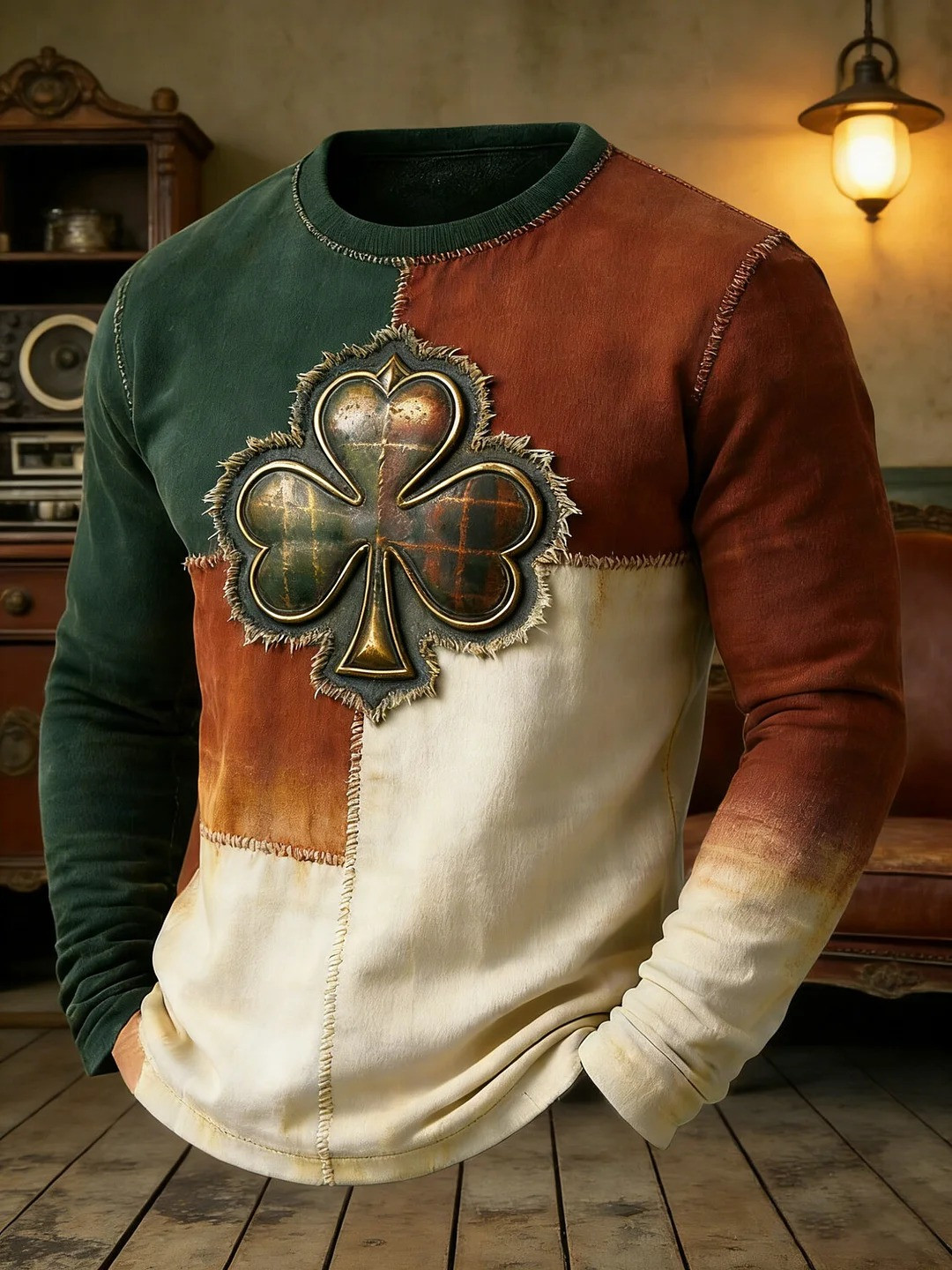 St Patricks Day Shamrock Color Block Patchwork Graphic Long Sleeve T-Shirt Gift For Him