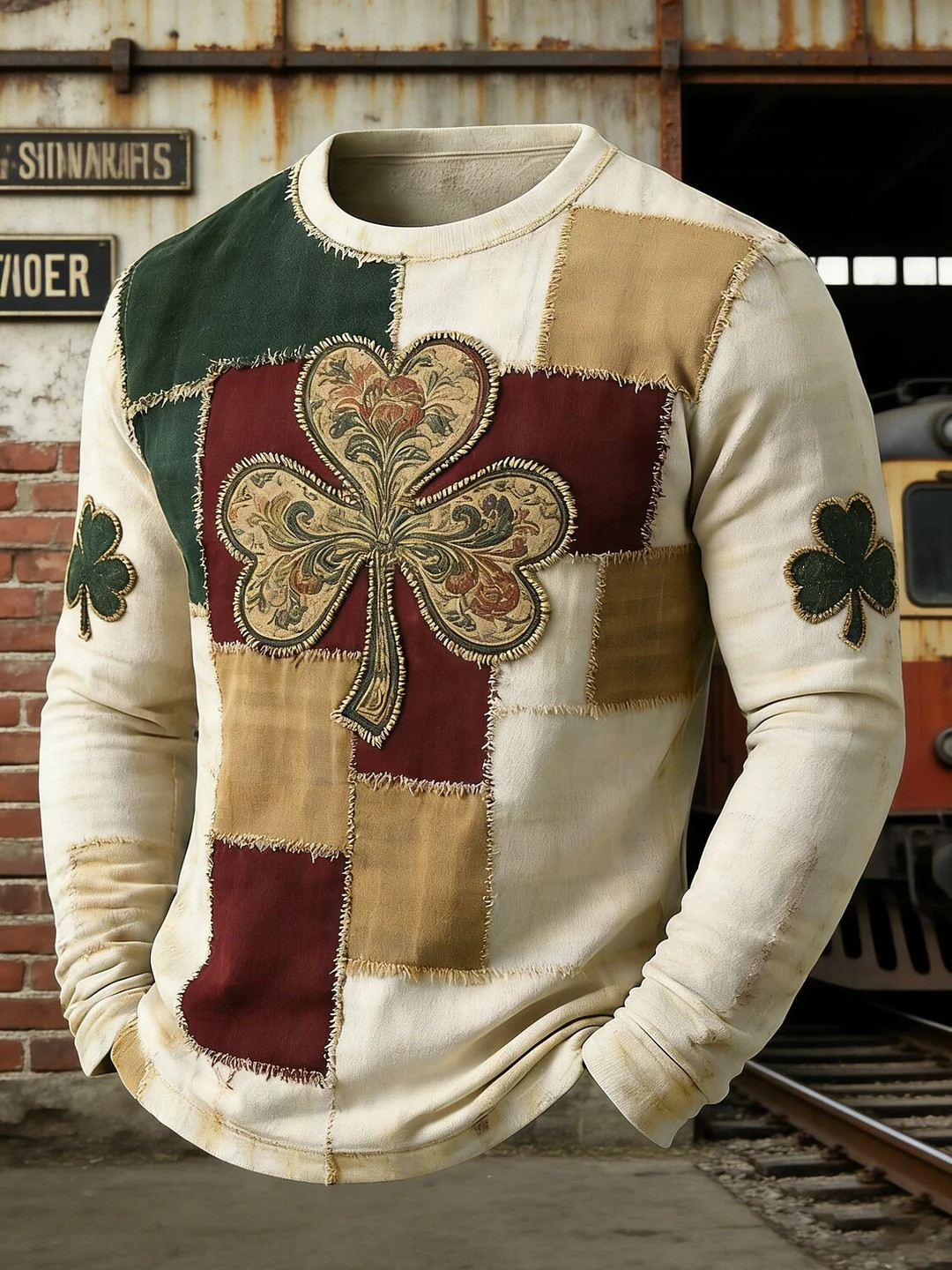 St Patricks Day Shamrock Color Block Patchwork Graphic Long Sleeve T-Shirt Gift For Husband