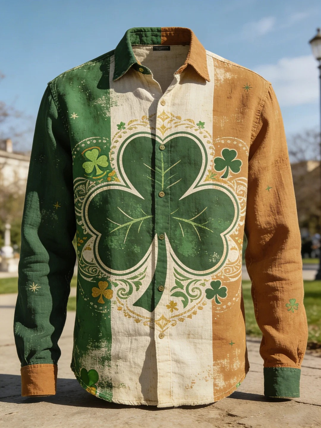 St Patricks Day Shamrock Colorblock Graphic Button Up Long Sleeve Shirt Irish Lucky Clover Gift Men